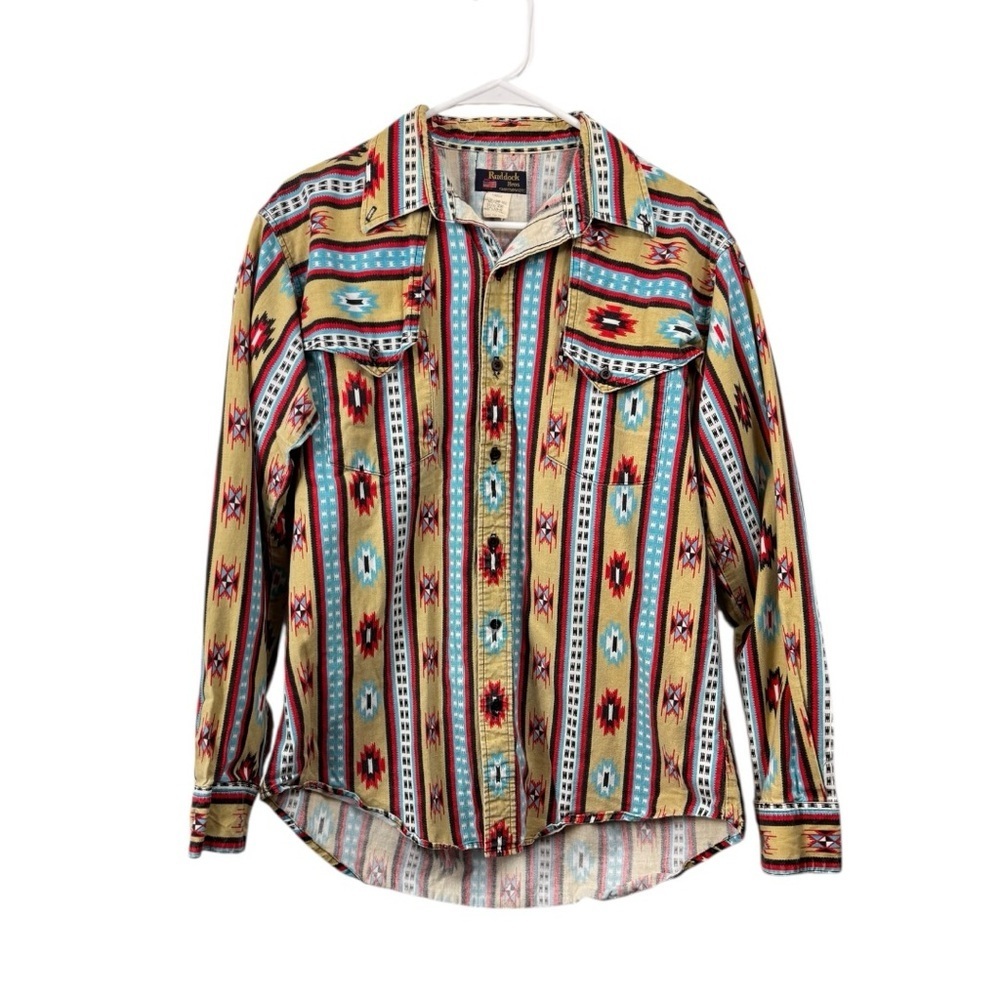 Vintage 90s Ruddock Bros Size Large Cape Yoke Shirt Aztec Western Tan Turquoise